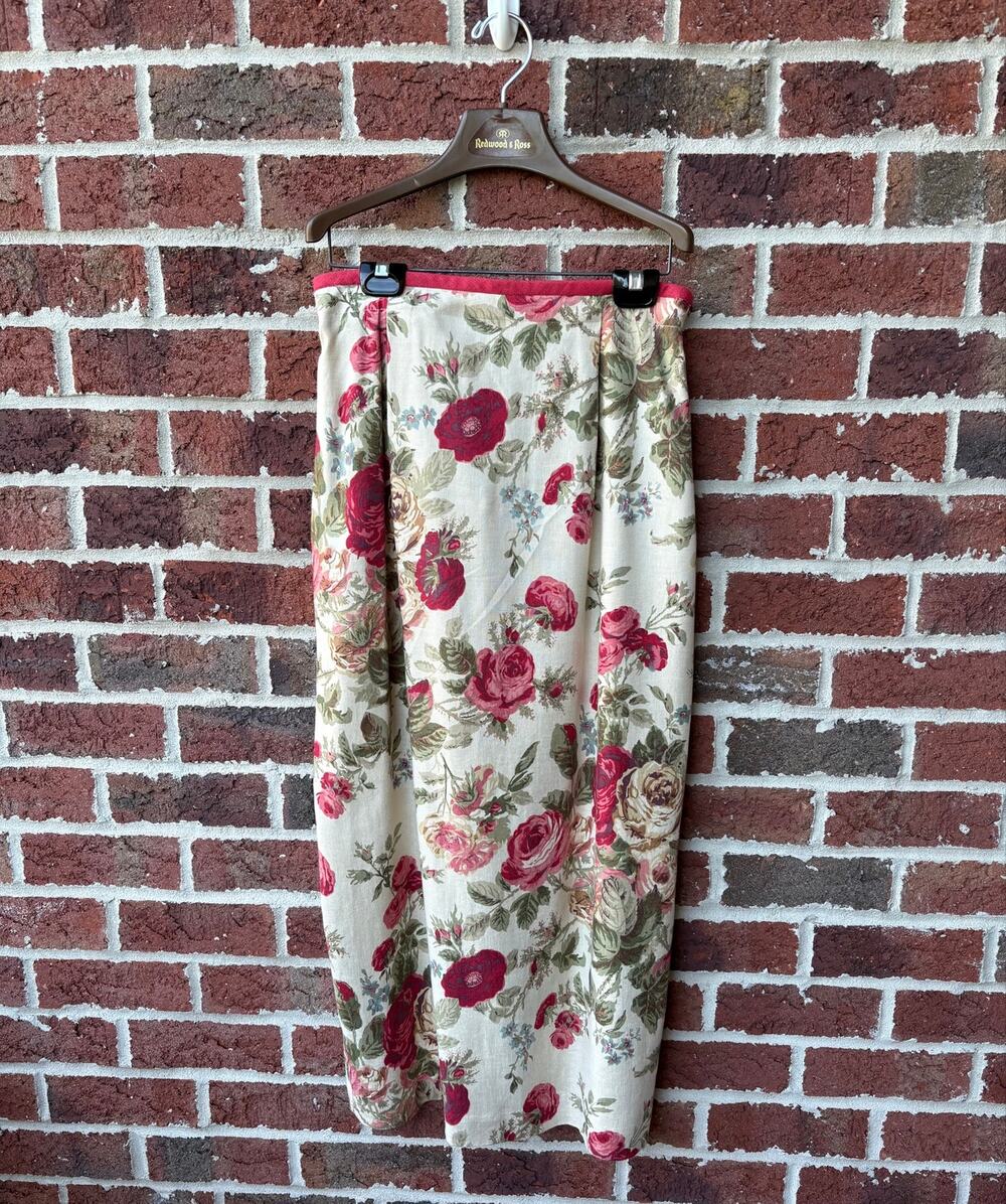 Vintage Susan Bristol Floral Linen Blend Midi Skirt Cream Pink Roses Size 12